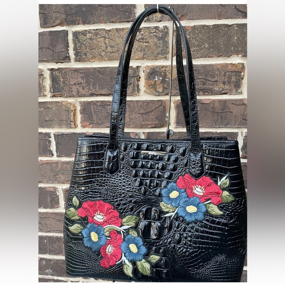 Brahmin Medium Julian Tote Black Bluewood Applique red blue green - Picture 2 of 16